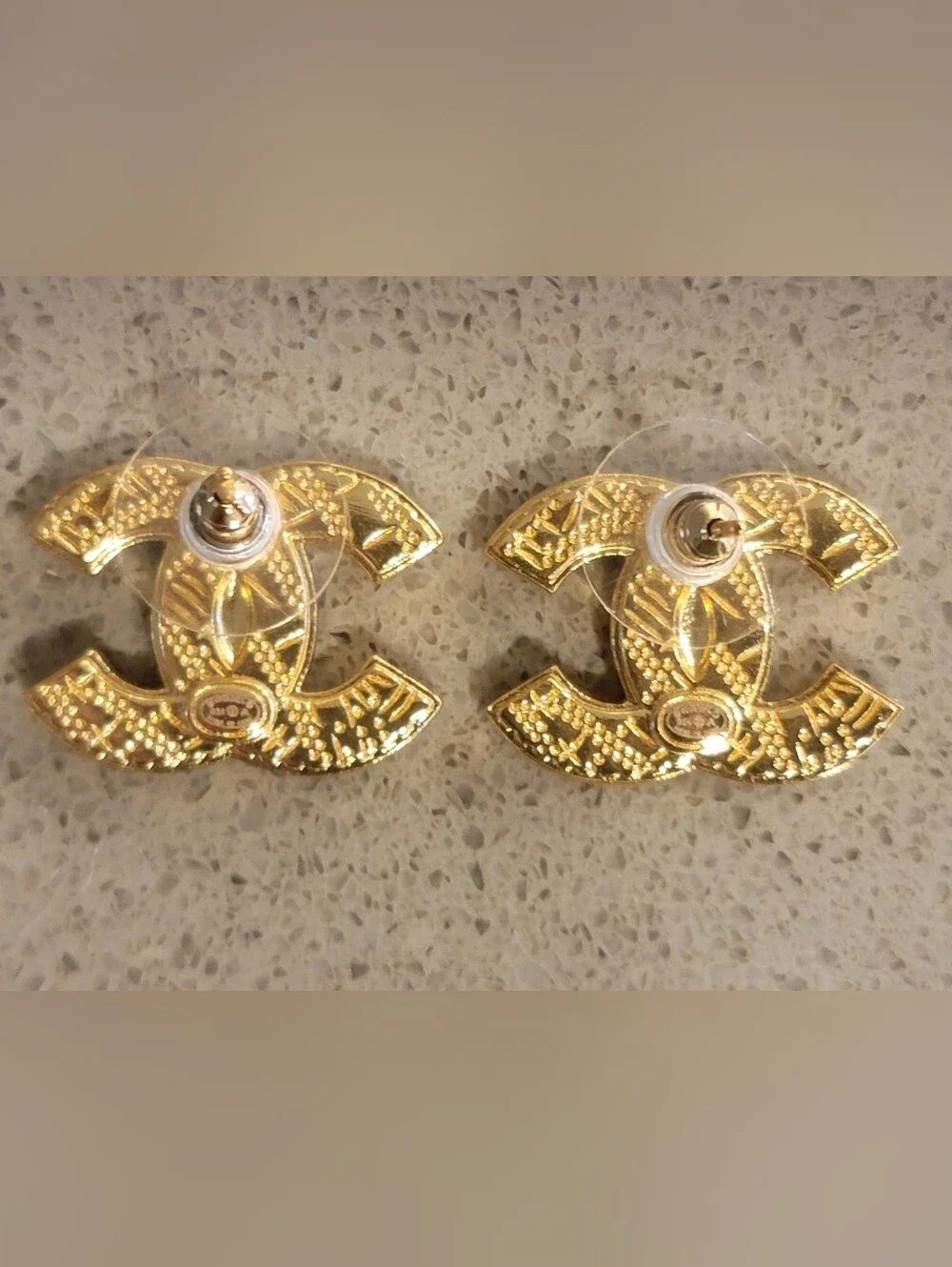 Authentic Chanel 24A Gold Plated Glitter Resin CC Stud Earrings